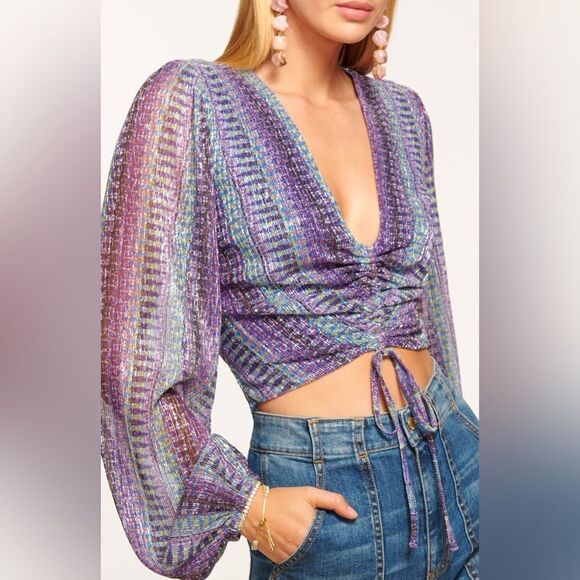 Ramy Brook NWT Georgia Metallic Plunge Neck Crop Blouse in Cabana Blue Combo XXS - Picture 3 of 5